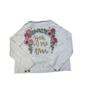 Denim and Bone Large Women's White Bridal Jean Jacket‎ Flower Embroidery